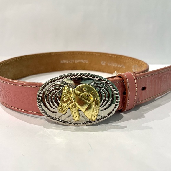 Nocona Western Equestrian Pink Leather Belt Girls 22" With Horse Buckle - Picture 1 of 10